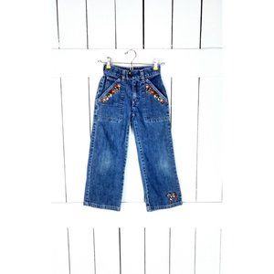 Childrens loose wide leg floral embroidered blue denim jeans - 7